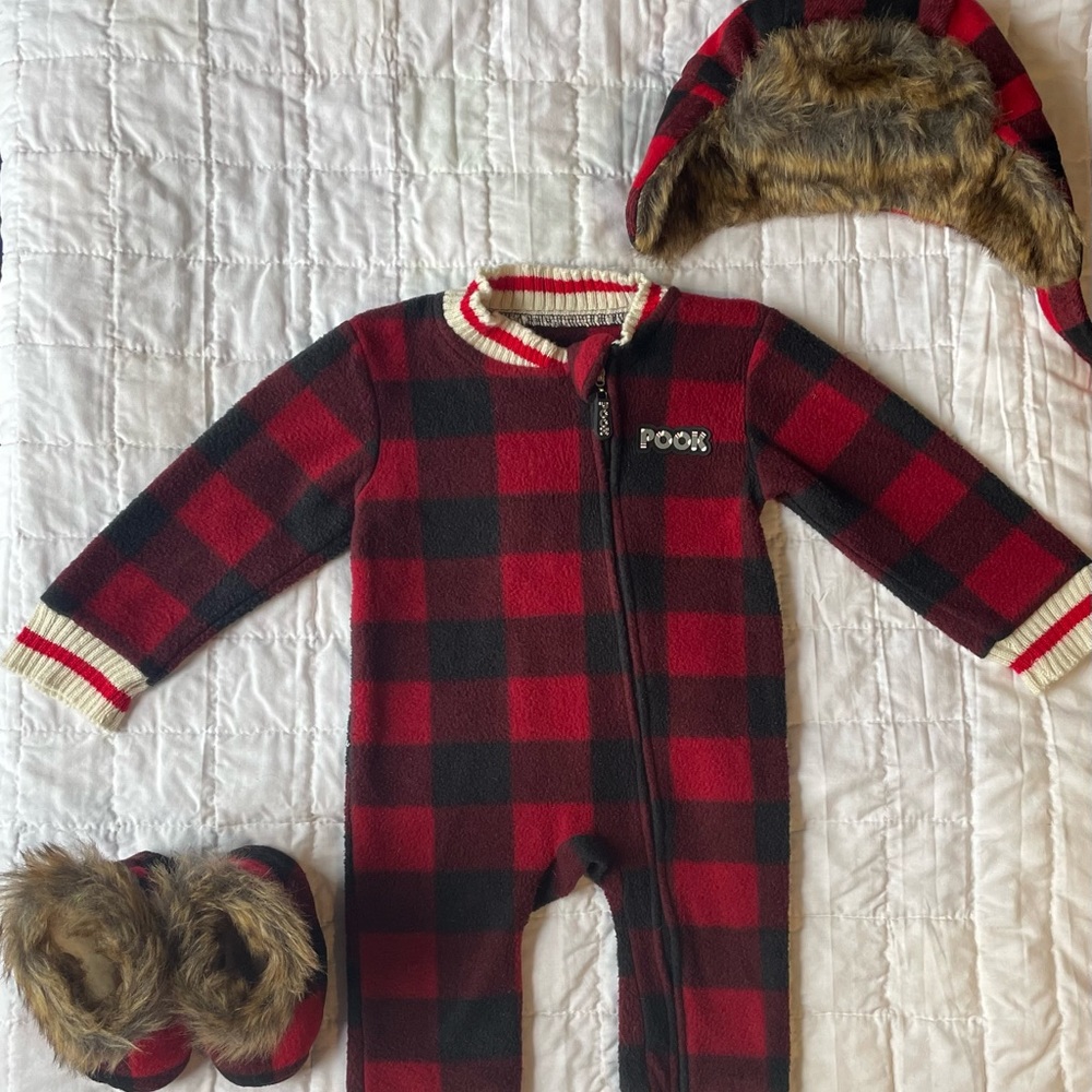 6-12 month plaid onesie with hat and slippers